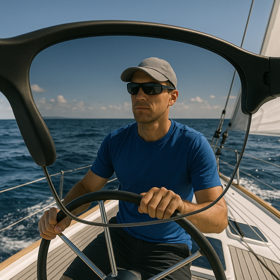 Blick durch Sportbrillenglas: Mann beim Segeln.